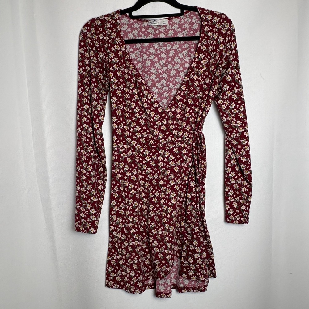 Y2K Hollister Burgundy Floral Wrap‎ Mini Dress Women's Size S Long Sleeve